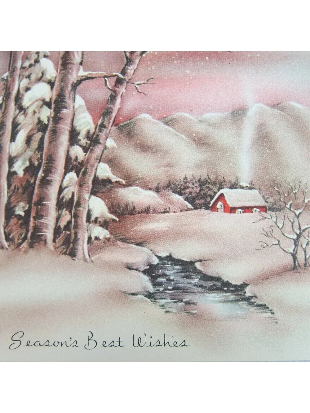 Vintage Christmas Card & Envelope Snow Cabin Stream John Greenleaf Whittier Poem